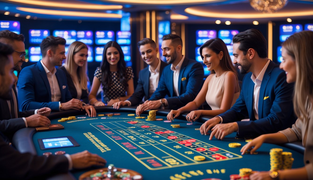 Sejumlah pemain dan dealer sedang bermain di meja kasino modern dengan suasana yang terang dan teknologi digital di latar belakang.