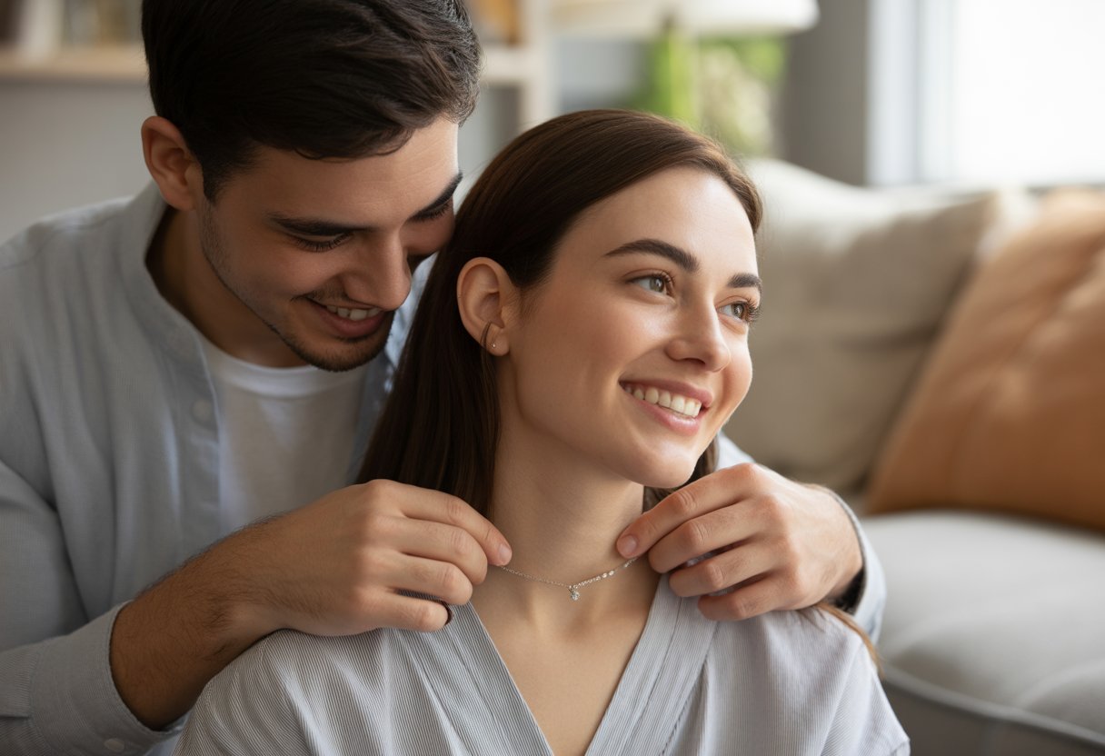 A man gently puts a necklace on a woman as they smile at each other in a cozy living room.