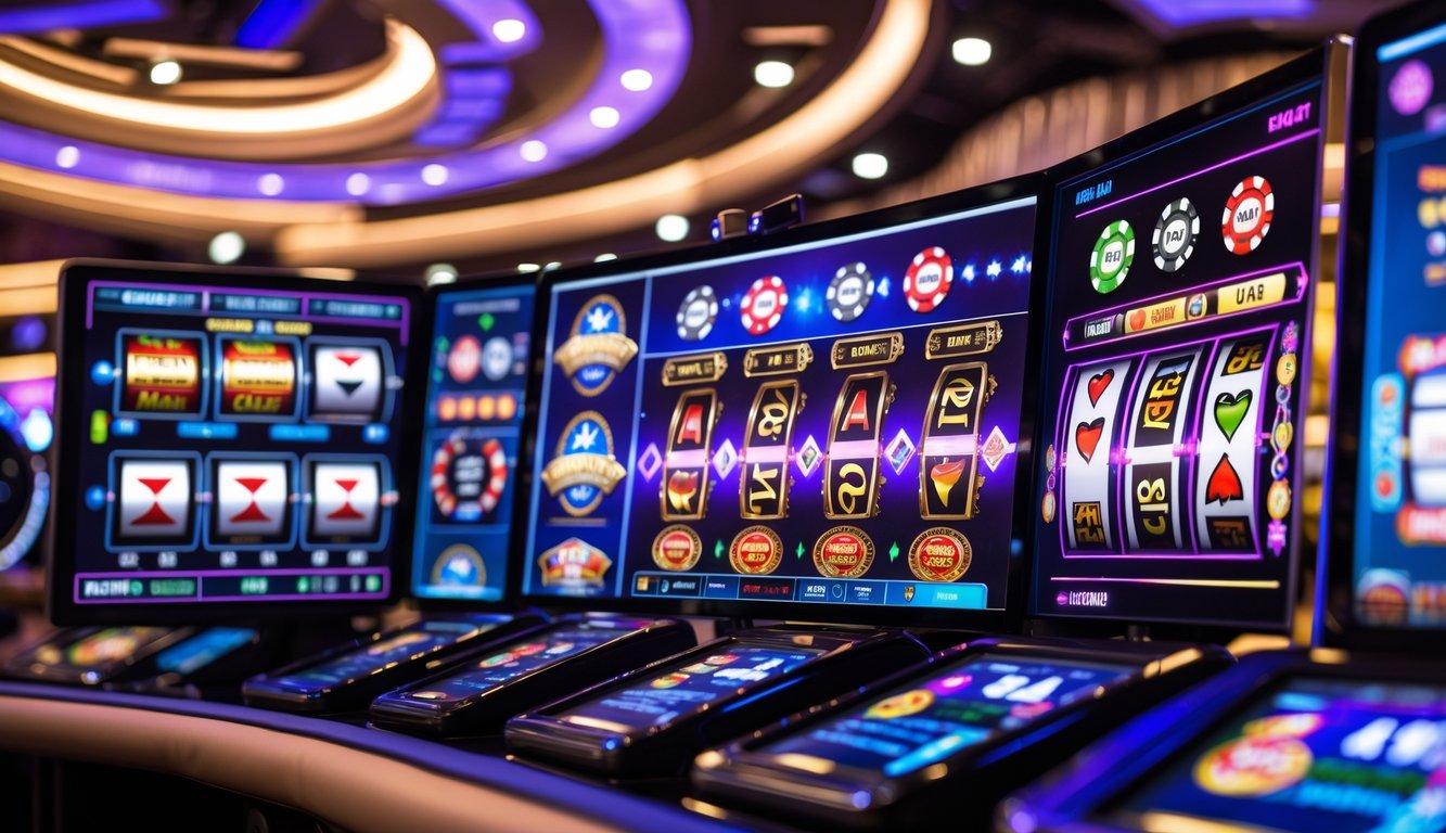 Tampilan dinamis kasino online dengan berbagai permainan seperti roulette, poker, blackjack, dan mesin slot yang berwarna-warni.