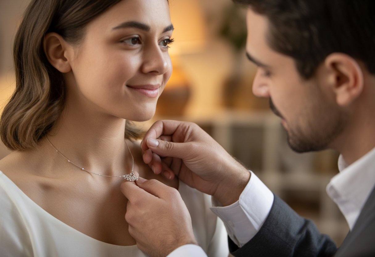 A couple sharing a tender moment as the man fastens a necklace around the woman's neck.