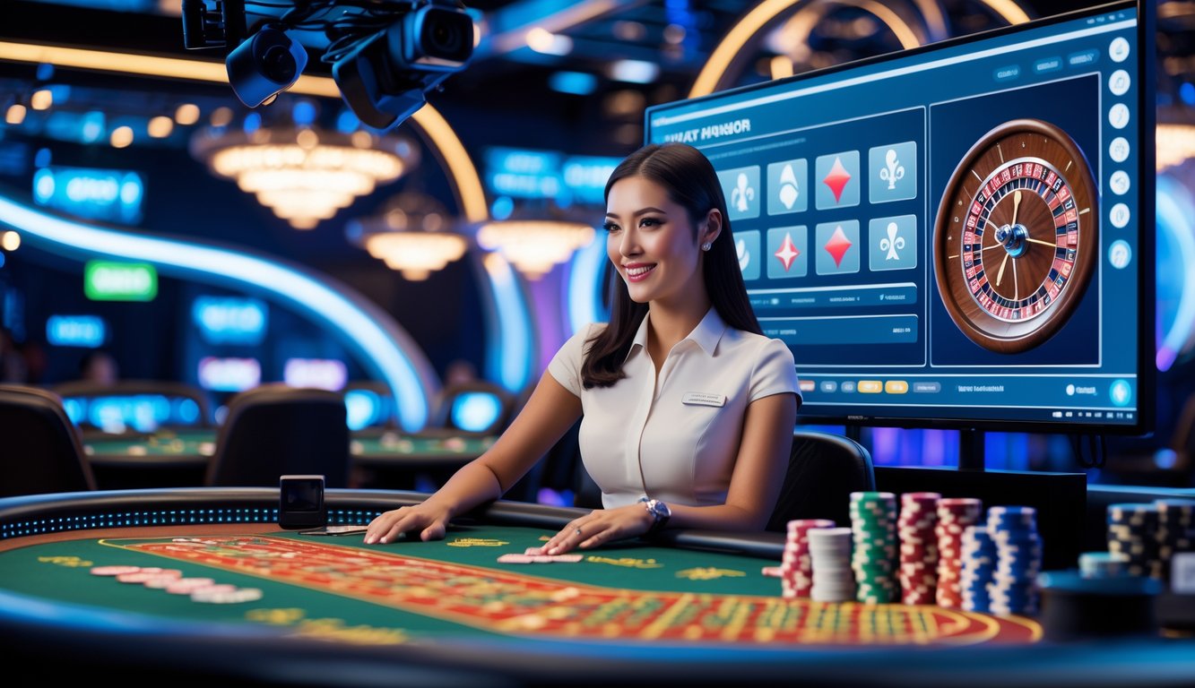 Seorang dealer wanita di studio kasino online dengan peralatan streaming dan layar digital, menunjukkan suasana kasino yang hidup dan jelas.