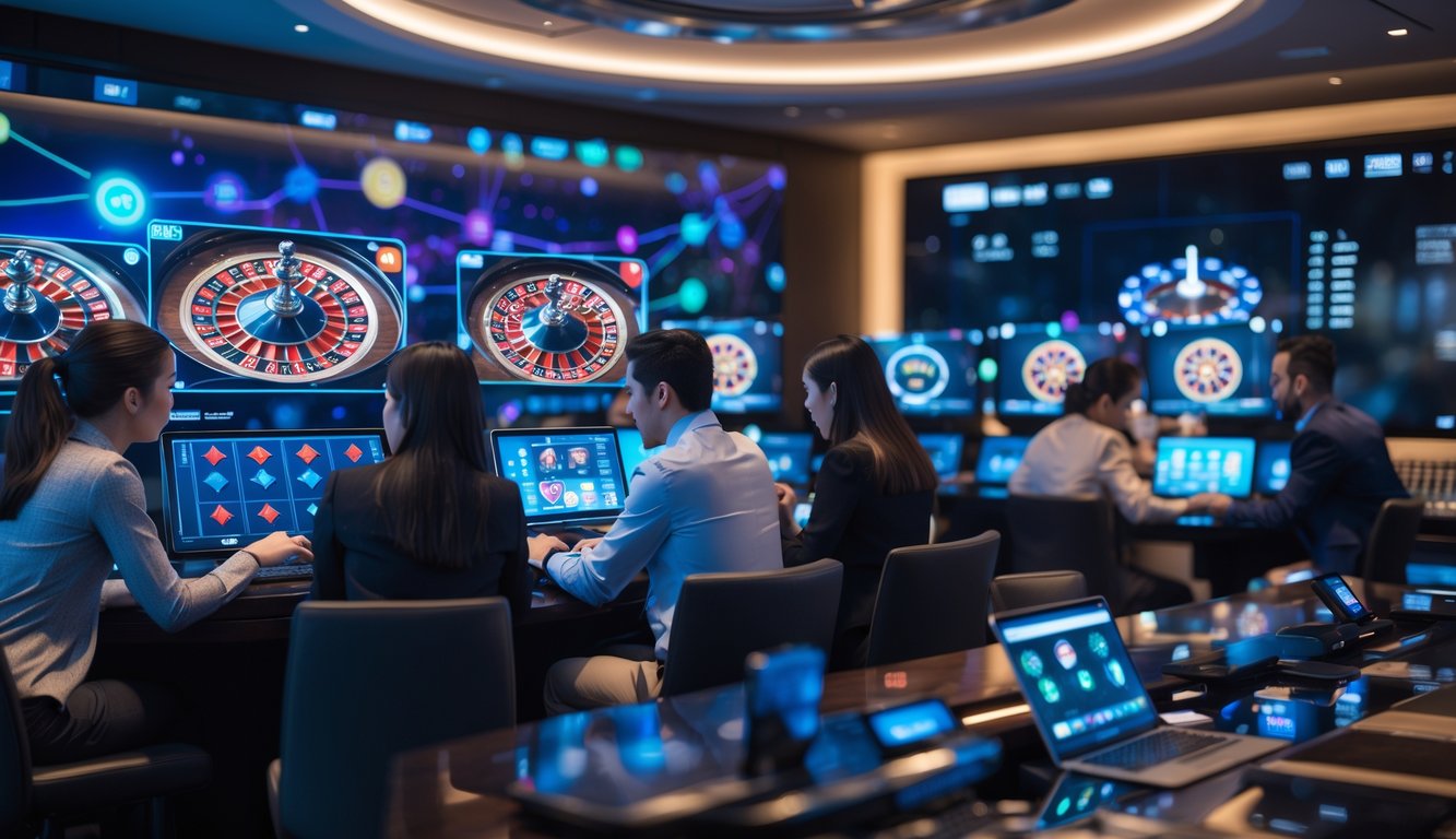 Orang-orang bermain permainan kasino online secara langsung menggunakan berbagai perangkat di ruangan modern.