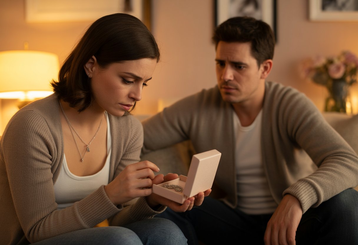 A woman holding an empty jewelry box looks sad while a man nearby appears concerned in a cozy living room.