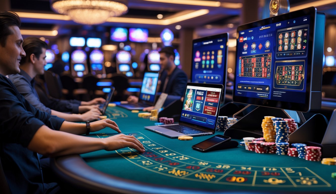 Suasana kasino online dengan meja permainan populer, layar digital, dan pemain yang menggunakan perangkat elektronik.