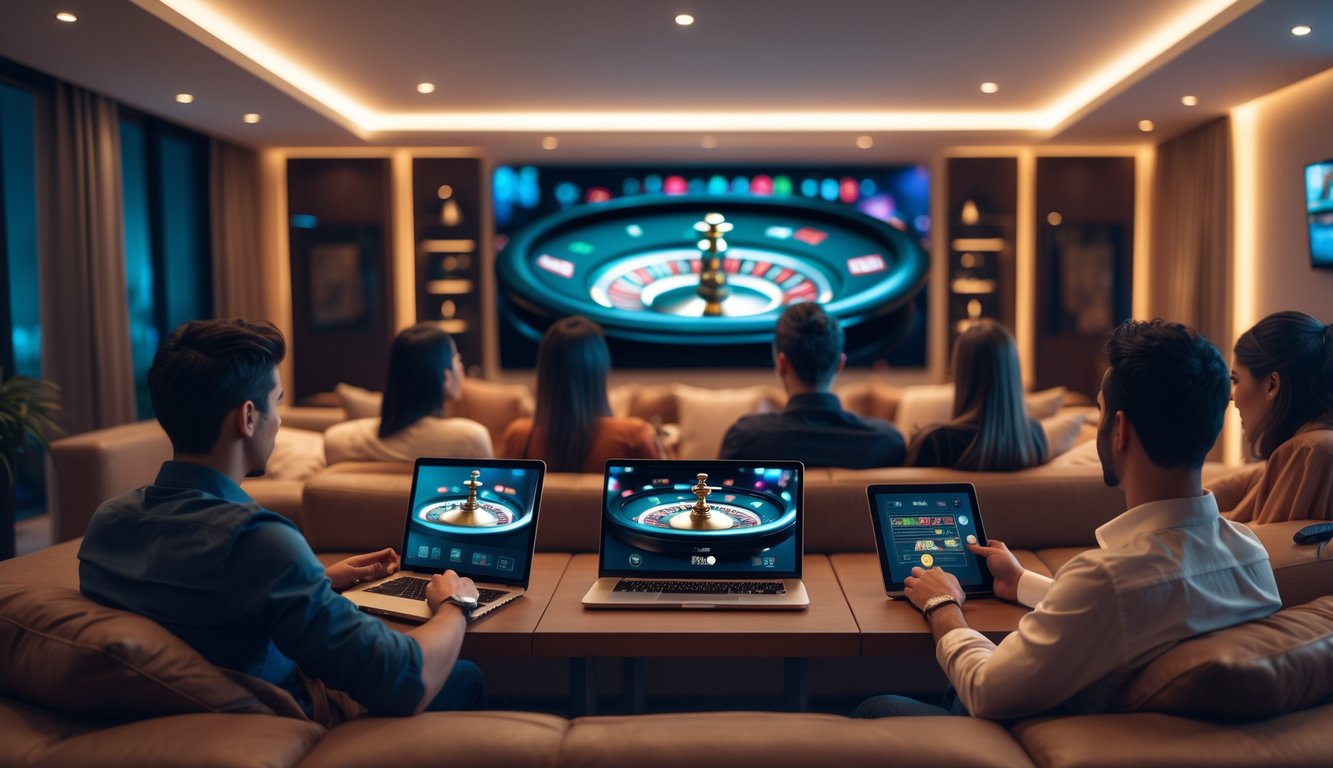 Beberapa orang bermain permainan kasino langsung secara real-time menggunakan laptop, tablet, dan ponsel di ruang tamu yang nyaman.