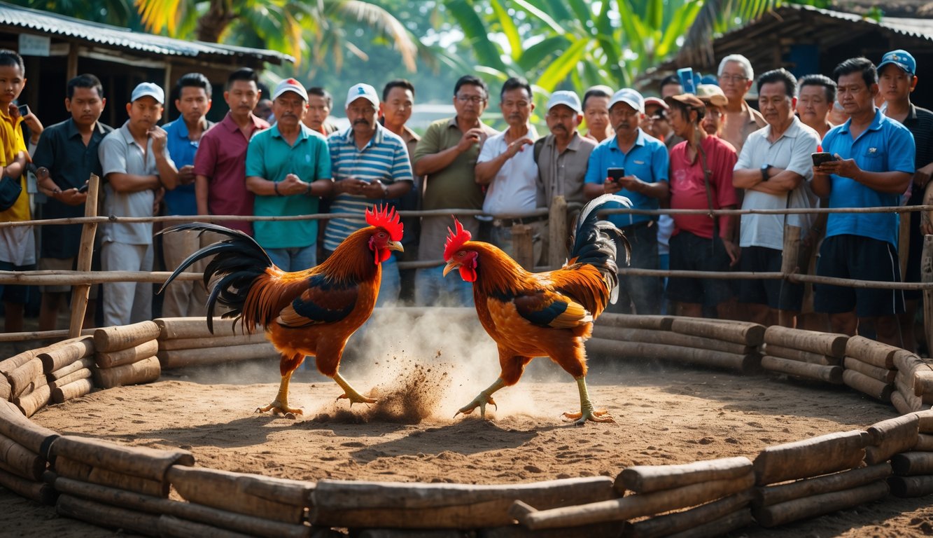 Dua ayam jago bertarung di arena tanah dikelilingi oleh penonton yang mengamati dengan serius dan mencatat analisa teknik tarung dan ketahanan ayam.