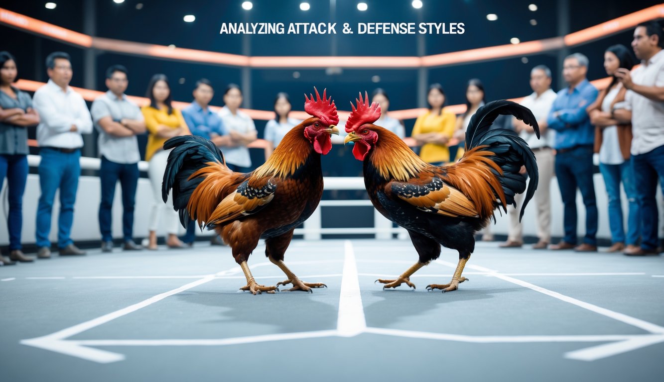 Dua ayam jantan sedang bertarung dalam arena sabung ayam modern dengan penonton yang memperhatikan dengan serius.