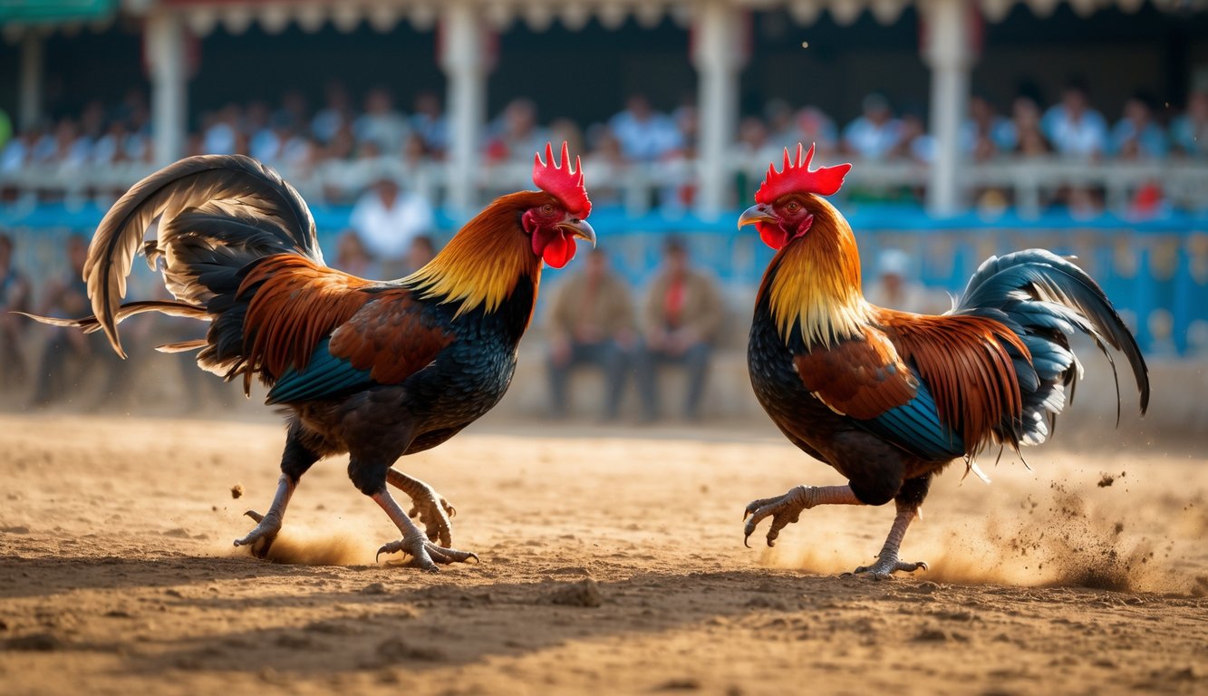 Dua ayam jago sedang bertarung di arena dengan penonton di latar belakang.