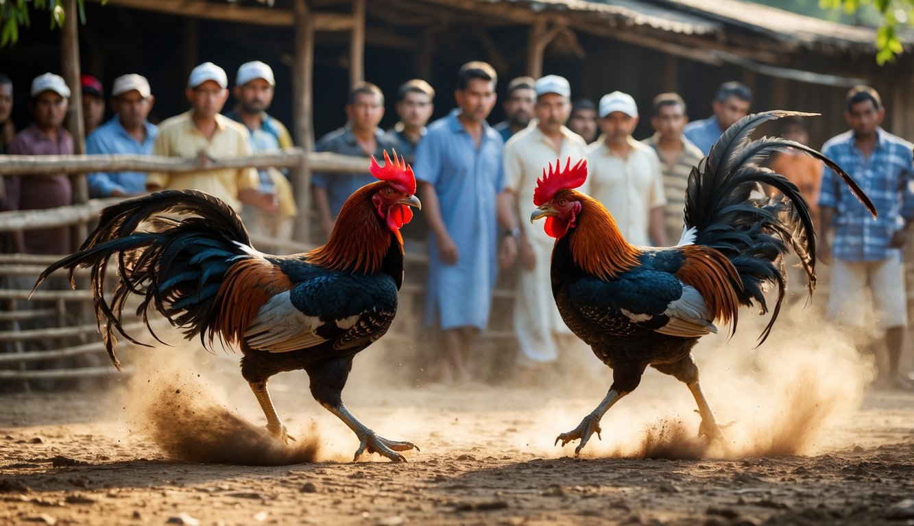 Dua ayam aduan sedang bertarung di depan penonton yang memperhatikan dengan serius di lingkungan pedesaan.
