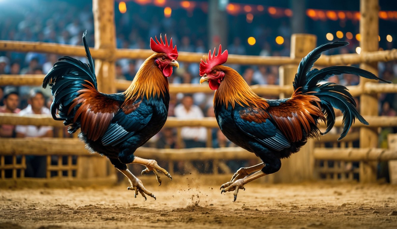 Dua ayam jago sedang bertarung di arena dengan penonton di latar belakang.
