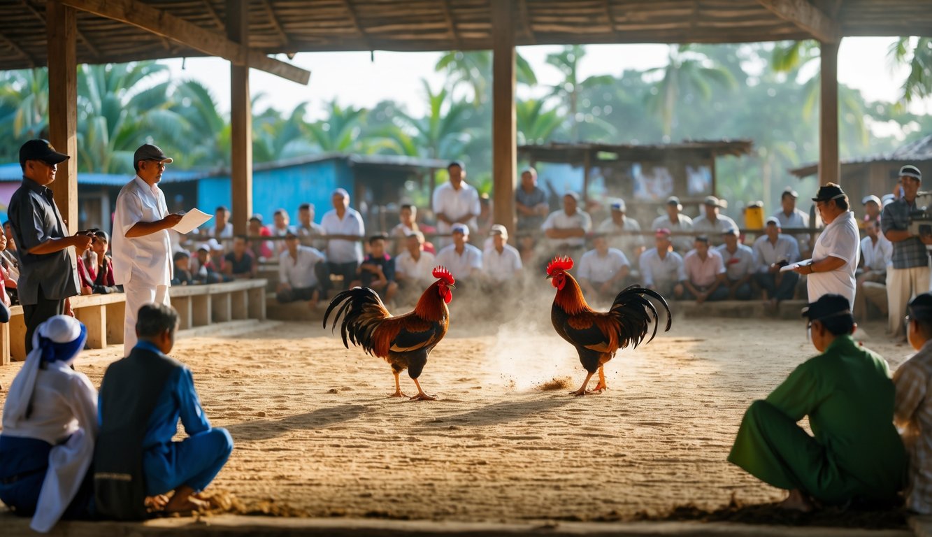 Arena sabung ayam dengan dua ayam jago siap bertanding, dikelilingi penonton dan juri yang memperhatikan dengan serius.