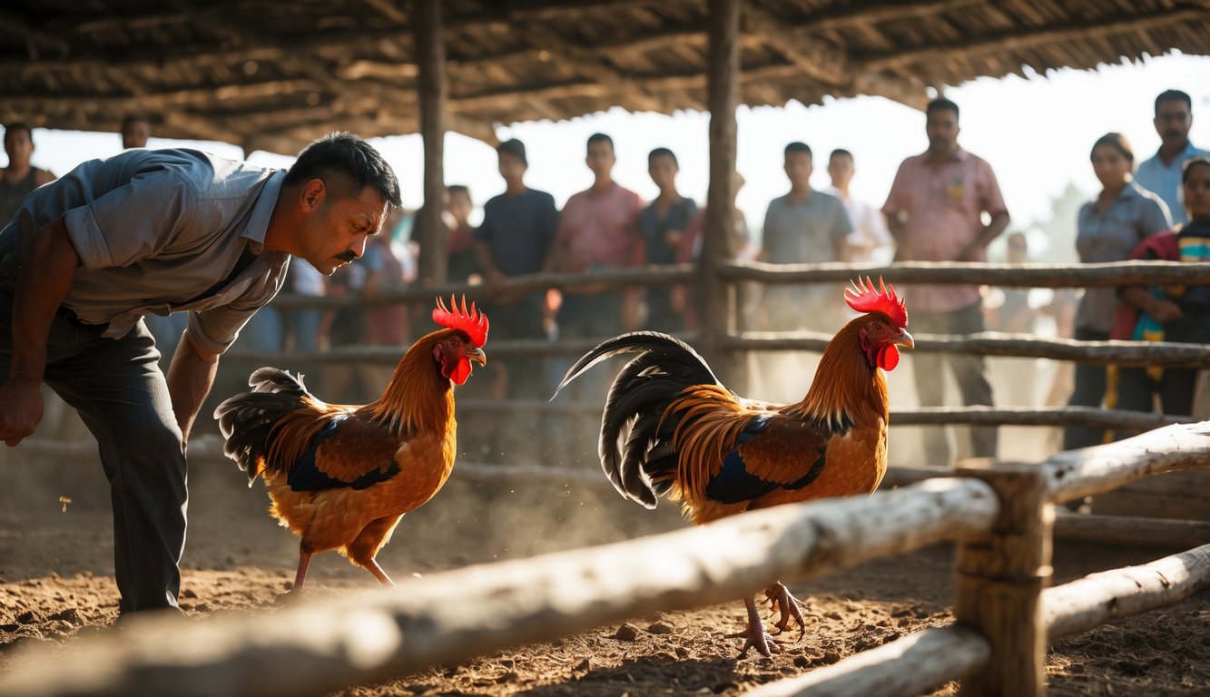 Seorang pria serius mengamati dua ayam jago bertarung di arena kayu dengan penonton di latar belakang.
