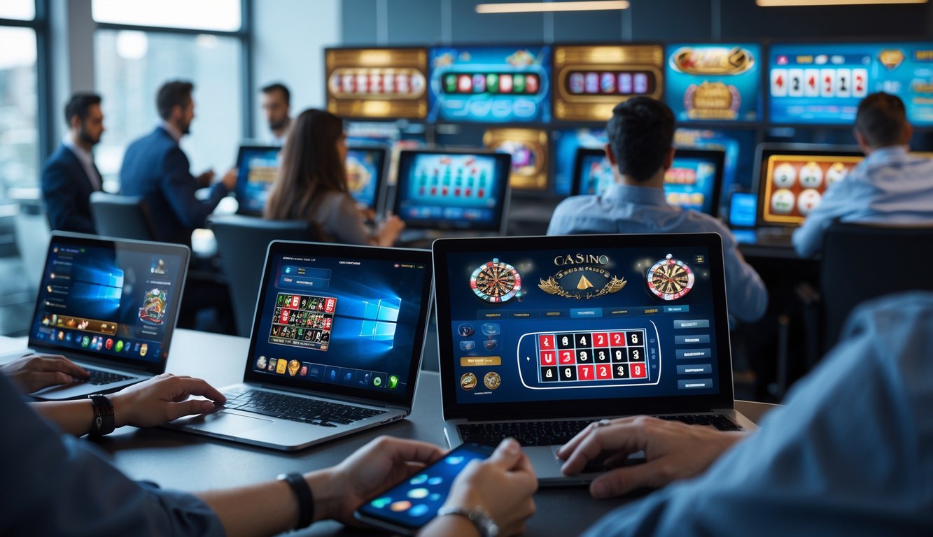 Orang-orang menggunakan perangkat digital untuk bermain berbagai permainan judi online di ruangan yang terang dan modern.