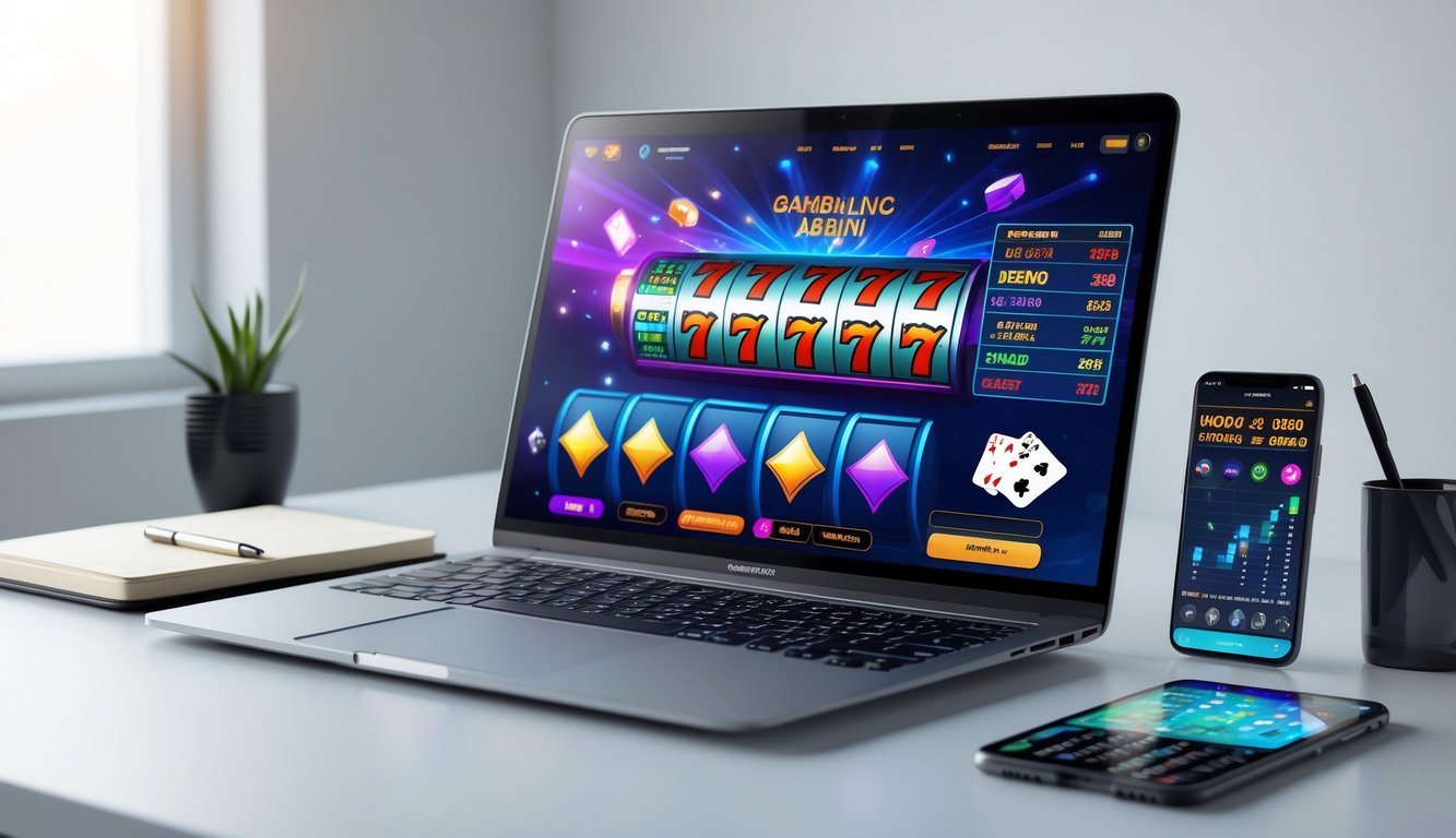 Seorang pemain menggunakan laptop di meja kerja yang rapi dengan tampilan permainan judi online di layar.