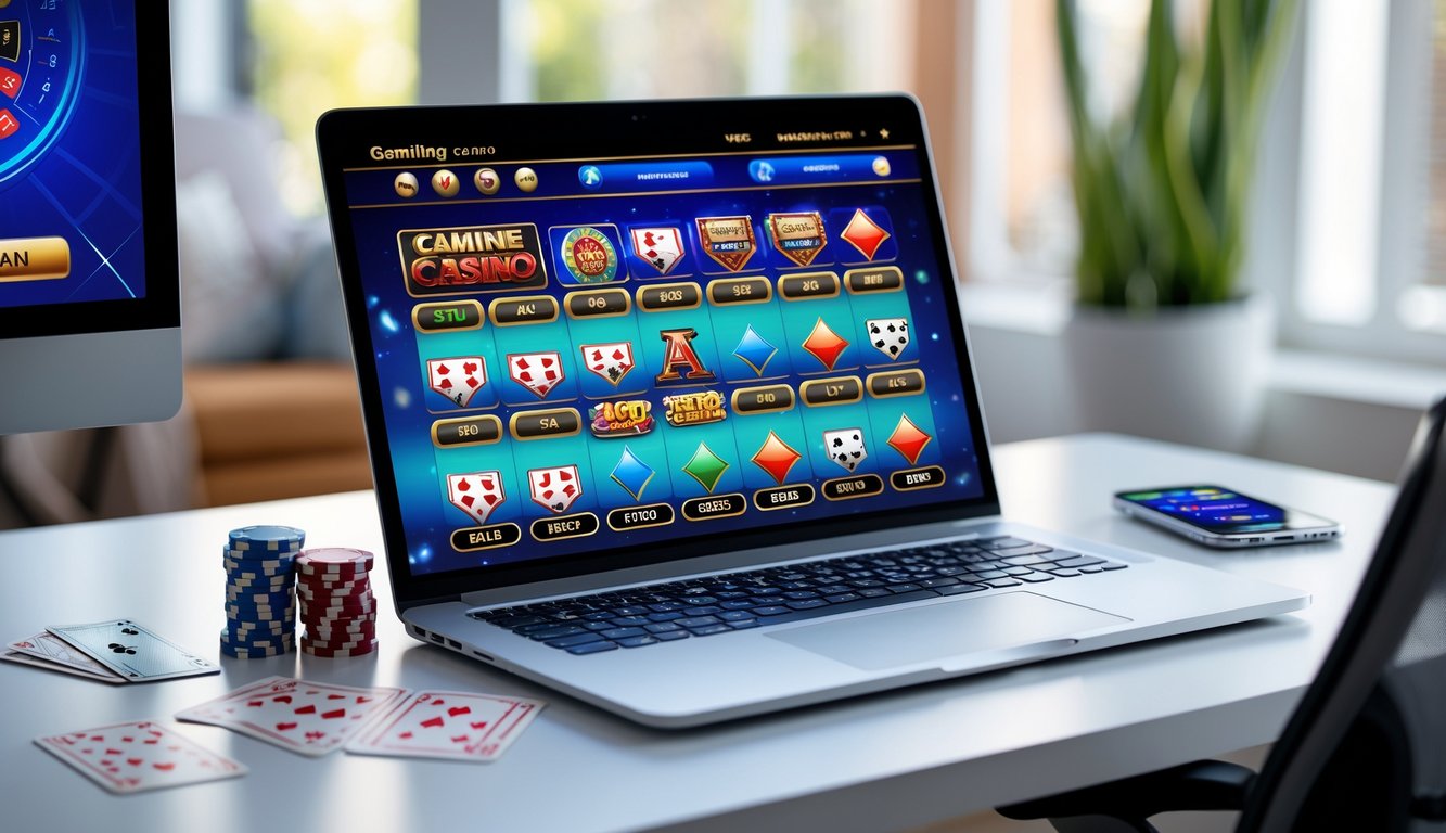 Seseorang menggunakan komputer dengan tampilan permainan judi online populer di layar, dikelilingi oleh kartu remi dan chip poker.