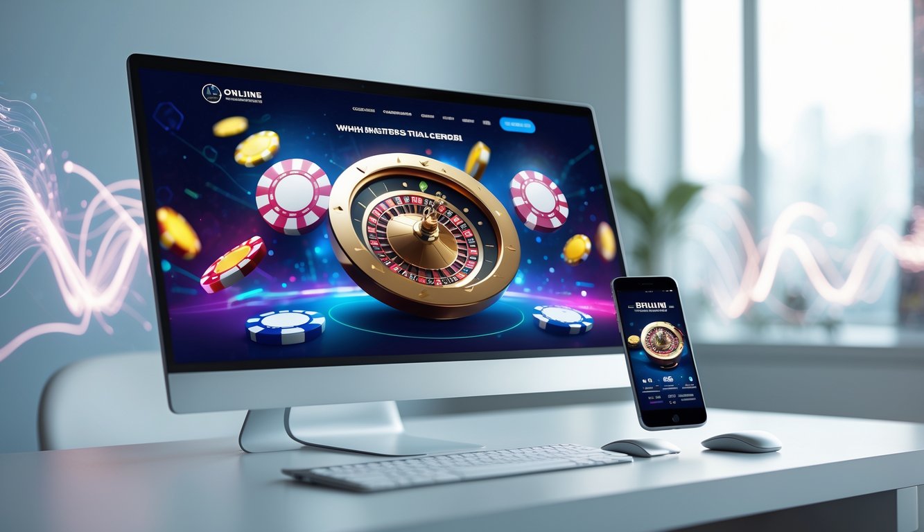 Tampilan antarmuka situs judi online inovatif pada komputer dan ponsel di atas meja minimalis.