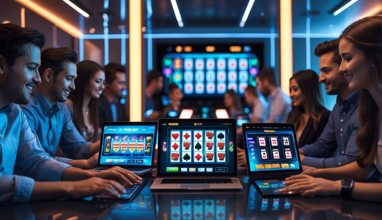 Sekelompok orang menggunakan berbagai perangkat elektronik untuk bermain game judi online di ruangan modern yang terang dan bergaya.