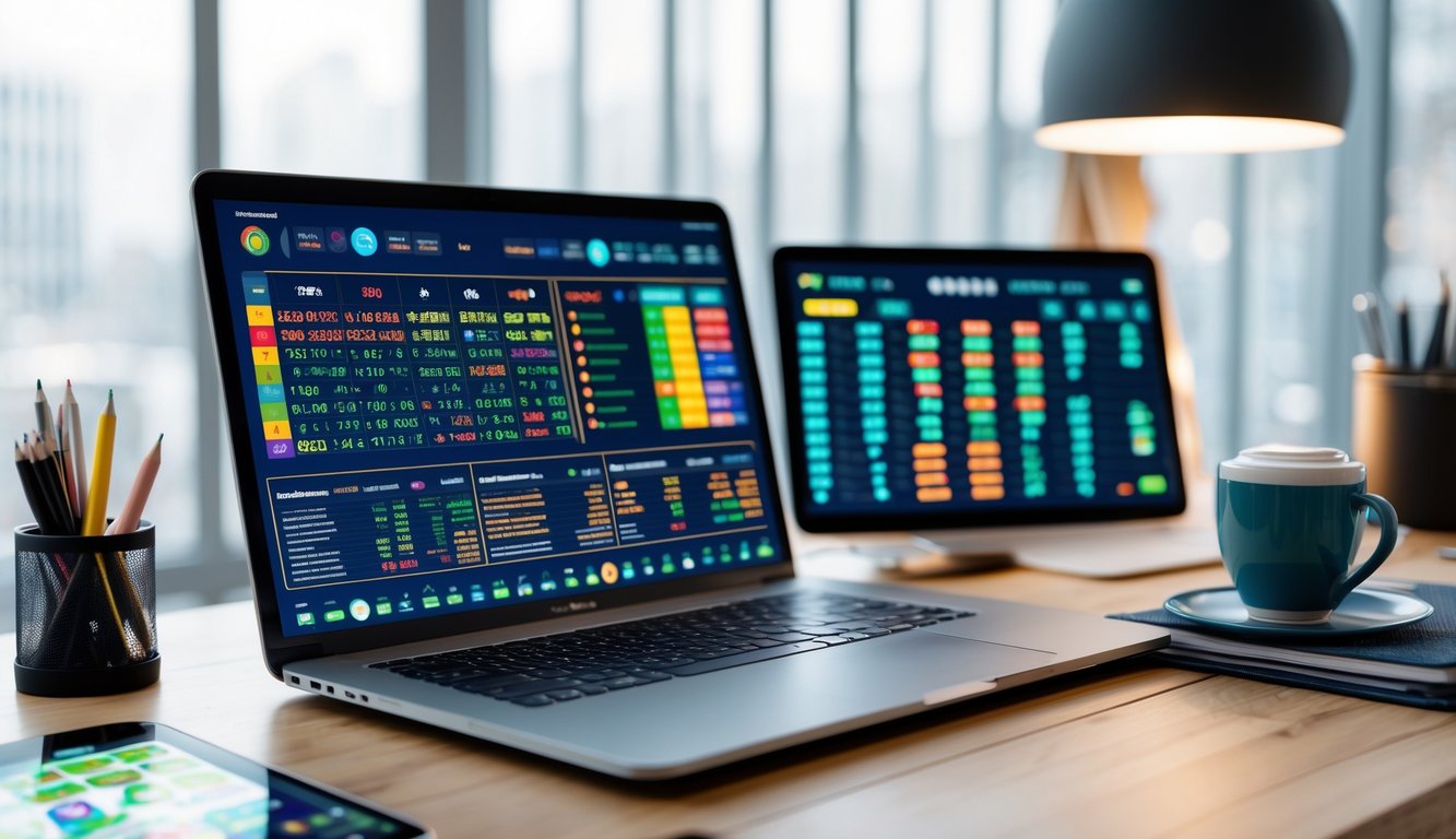 Seorang profesional bekerja di depan laptop dengan tampilan data angka dan grafik terkait pasar togel online di meja kerja yang rapi.