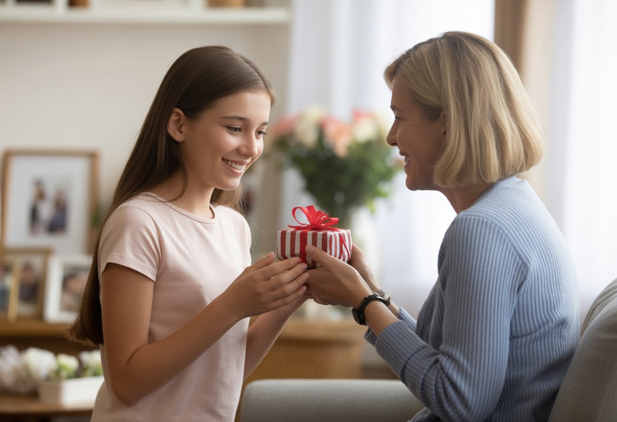 A teenage girl receiving a wrapped gift from her stepmother in a cozy living room, both sharing a warm and emotional moment.