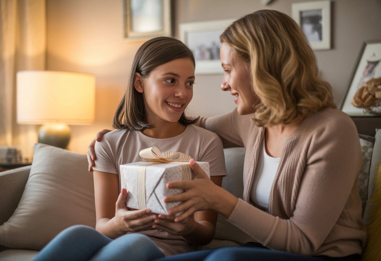 A woman giving a wrapped gift to a teenage girl, both sharing an emotional and warm moment in a cozy living room.