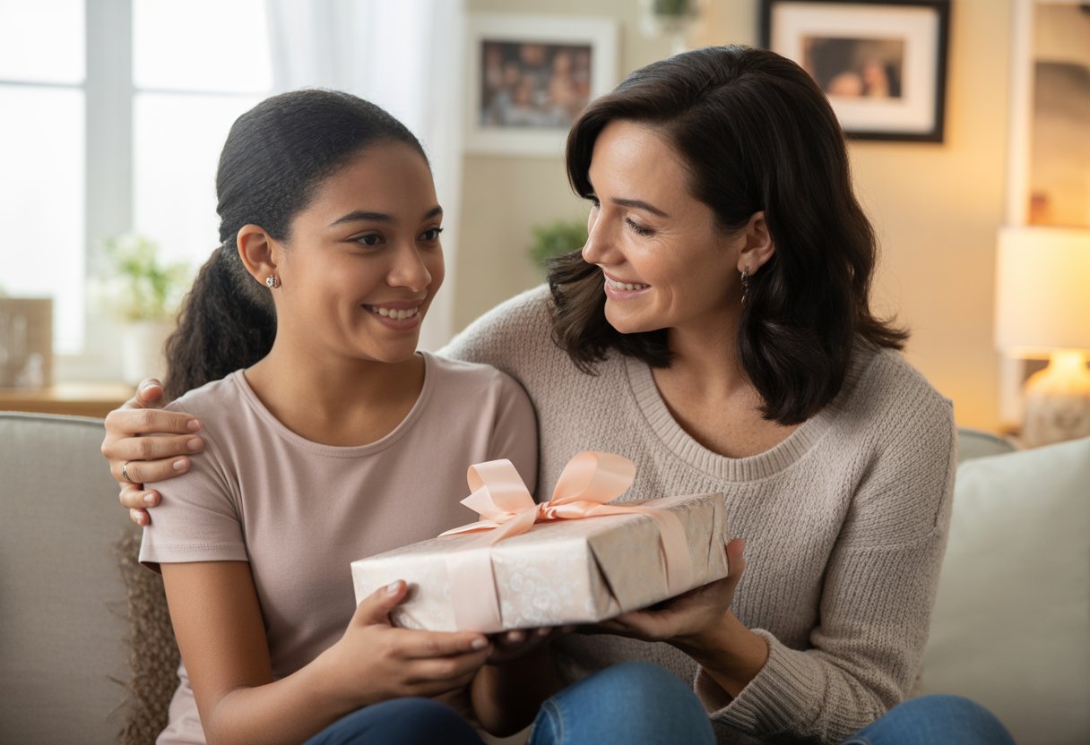 A mother giving a wrapped gift to her smiling teenage bonus daughter in a cozy living room.