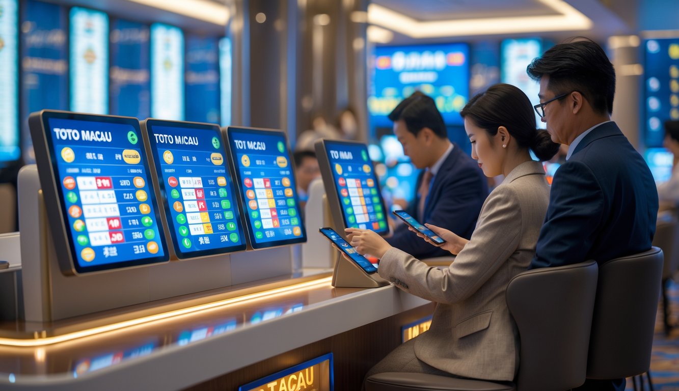 Orang-orang menggunakan perangkat elektronik di sebuah tempat taruhan Toto Macau dengan layar digital menampilkan hasil undian terbaru.