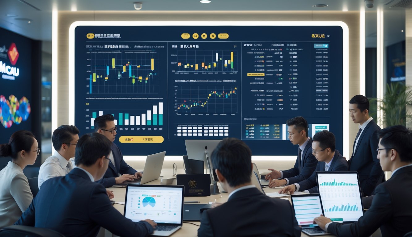 Sekelompok profesional sedang menganalisis data angka di ruang kantor modern dengan layar digital besar dan pemandangan kota di latar belakang.