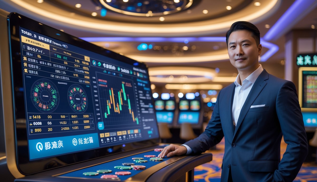 Seorang pria profesional berdiri di samping layar sentuh digital di kasino modern dengan meja judi dan peralatan teknologi tinggi.