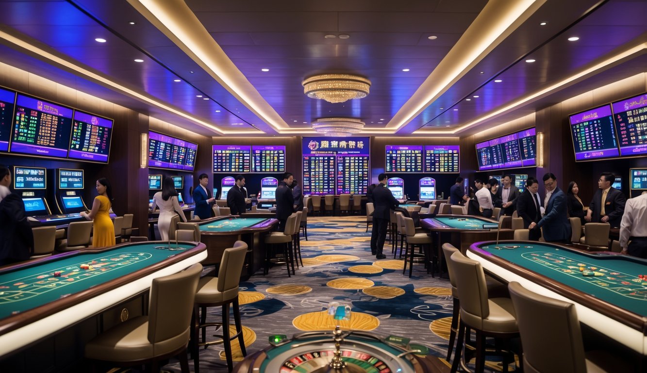 Suasana kasino modern dengan meja permainan dan pemain yang sedang bertaruh di dalam ruangan yang terang dan elegan.
