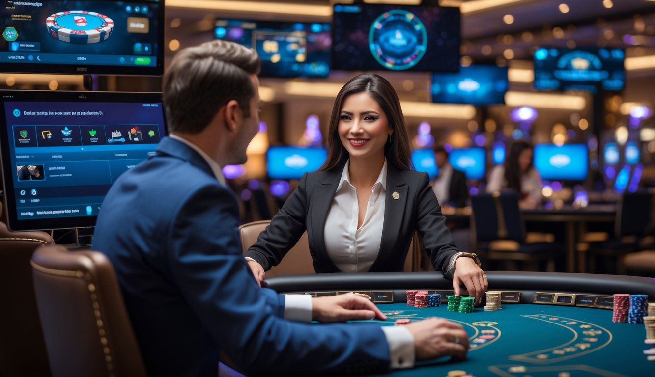 Seorang dealer kasino profesional sedang berinteraksi dengan pemain melalui meja permainan dengan kartu dan chip di kasino modern.