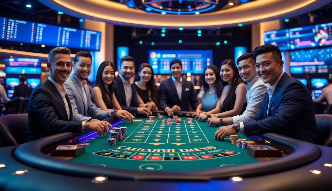 Meja kasino modern dengan pemain dan dealer sedang bermain dalam suasana yang hidup dan menarik.