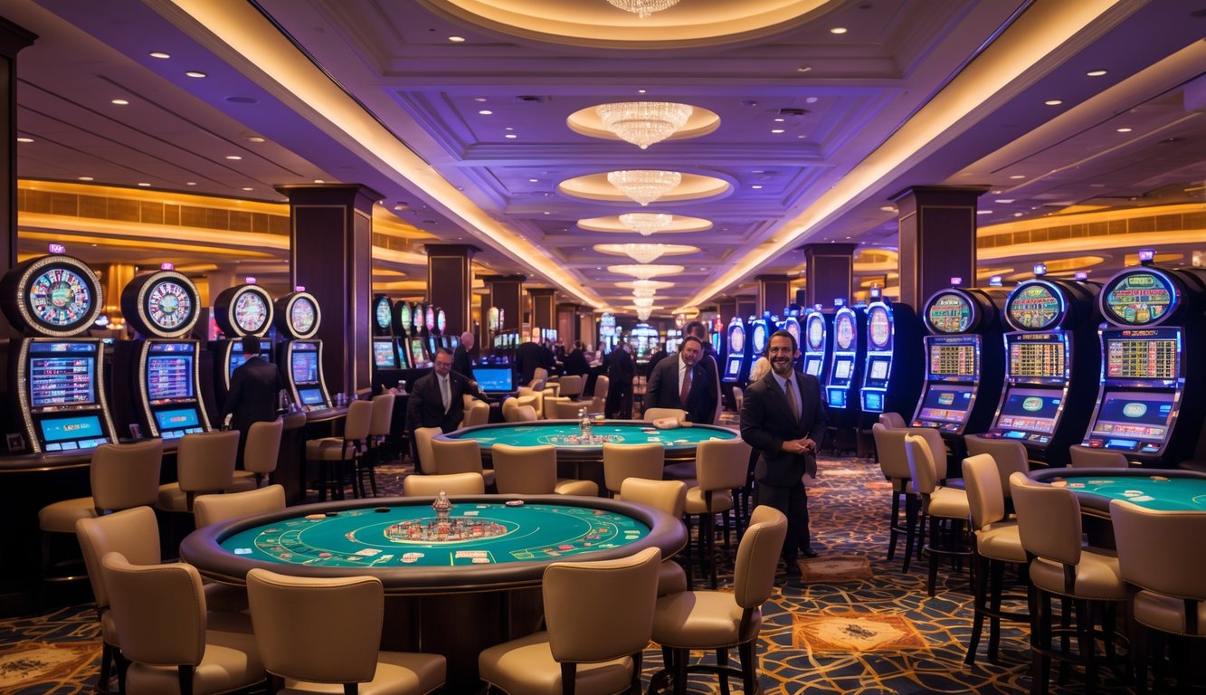 Suasana kasino langsung dengan pemain dan dealer di meja permainan yang berbeda, termasuk kartu dan roda roulette, dalam lingkungan yang ramai dan mewah.