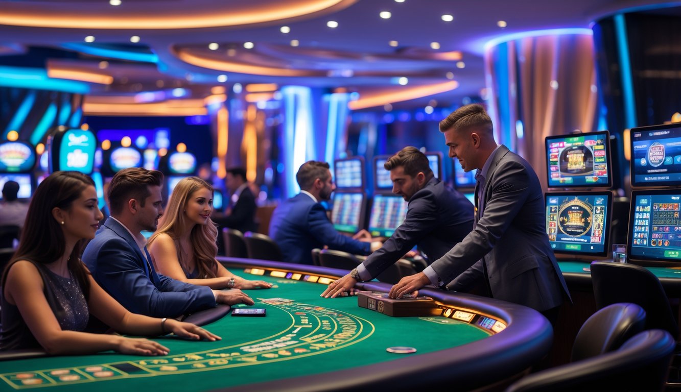 Suasana kasino langsung dengan pemain yang fokus bermain di meja dealer dan layar digital yang menampilkan permainan kasino secara streaming.