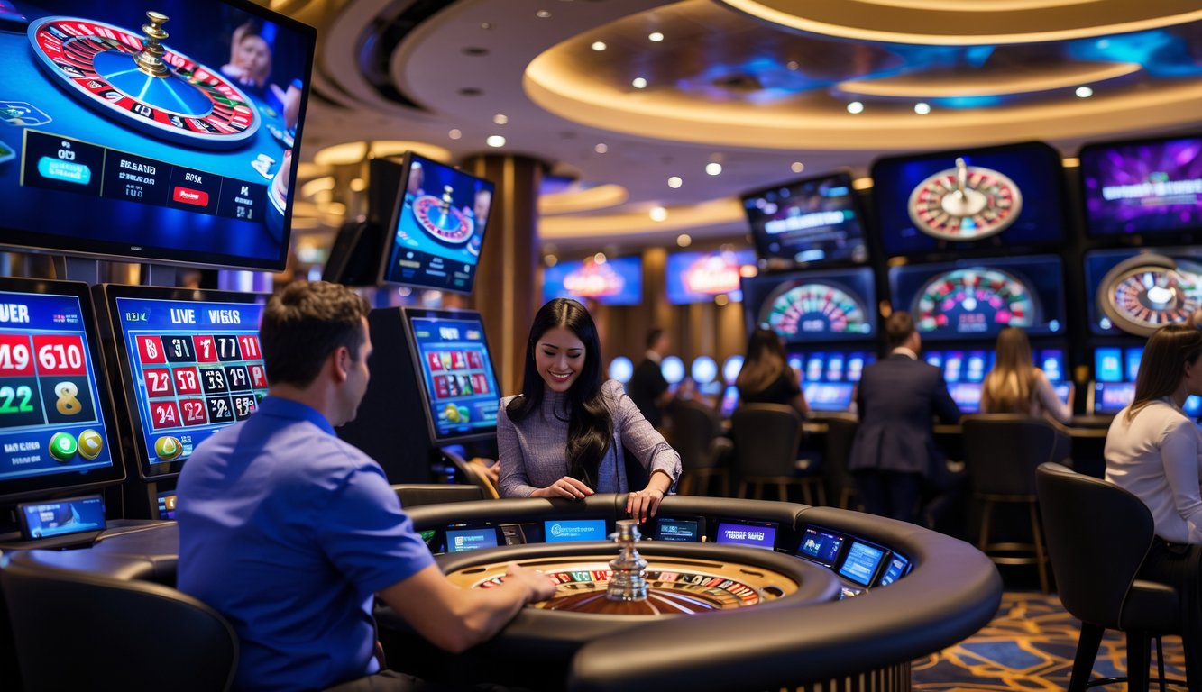 Suasana kasino modern dengan pemain yang sedang bermain berbagai permainan kasino langsung menggunakan perangkat digital.