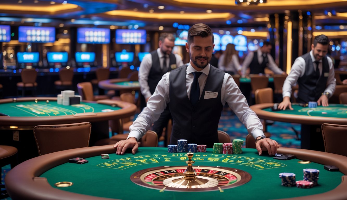 Suasana kasino langsung dengan beberapa meja permainan favorit dan dealer yang melayani pemain di dalam ruangan mewah.