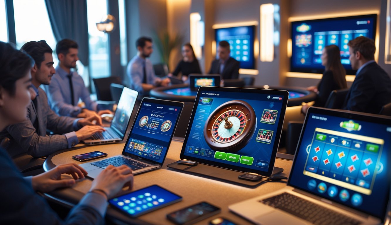 Beberapa orang bermain permainan kasino langsung di berbagai perangkat seperti laptop, tablet, dan ponsel di sebuah ruangan nyaman.