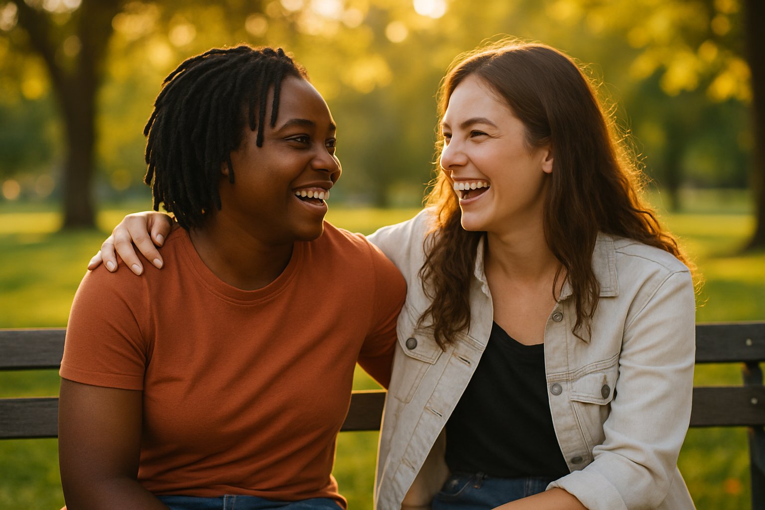 Two friends sitting closely on a park bench, smiling and sharing a moment of laughter outdoors.