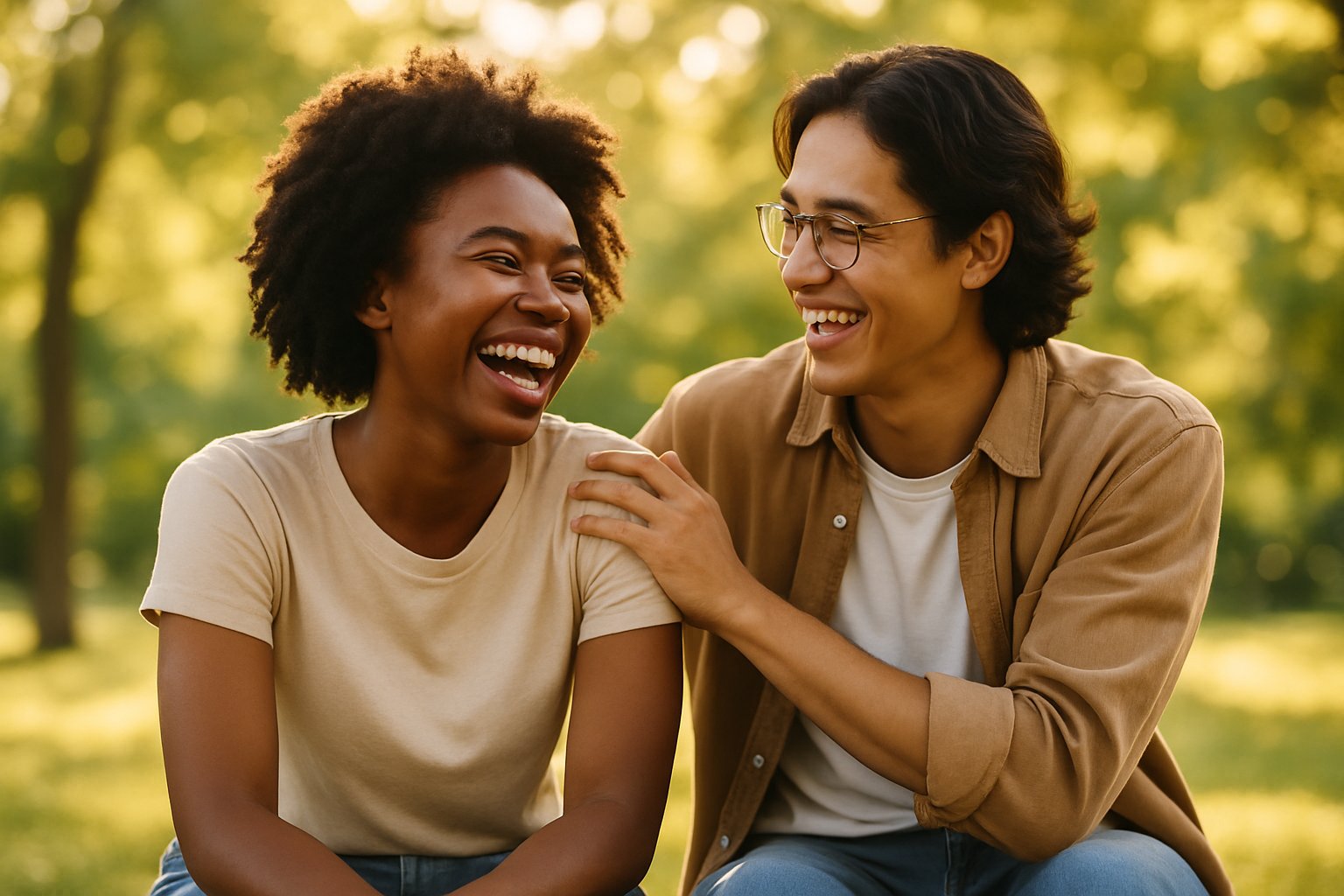 Two young adults sitting closely outdoors, smiling and sharing a joyful moment together.