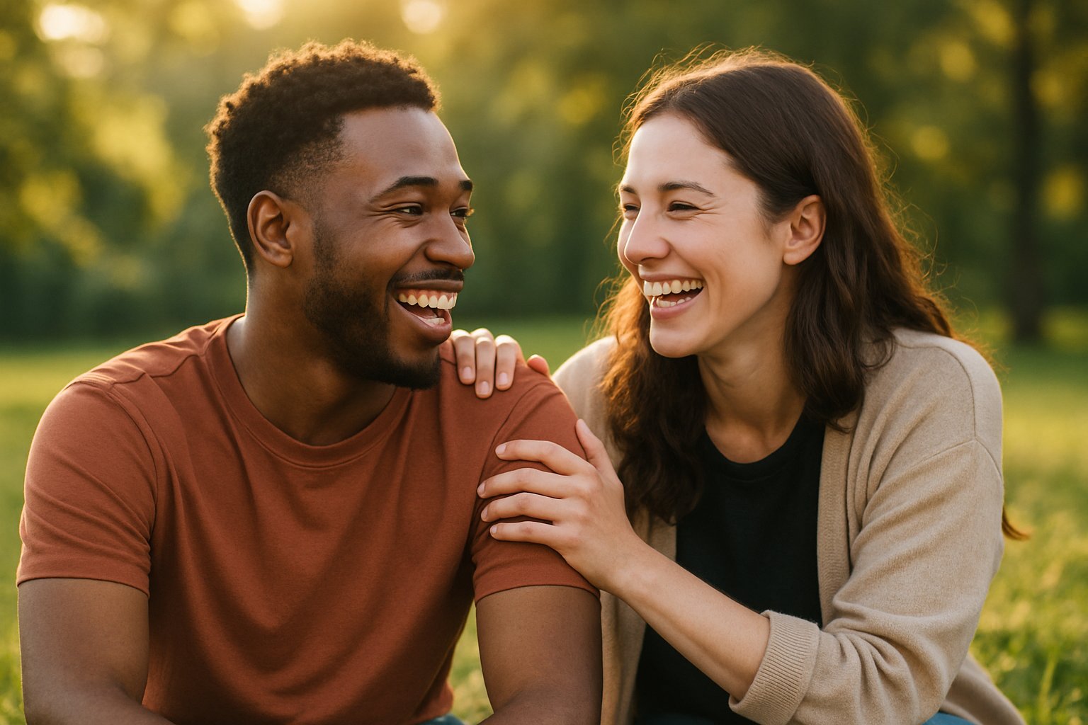 Two young adults sitting closely in a park, laughing and sharing a warm, supportive moment.