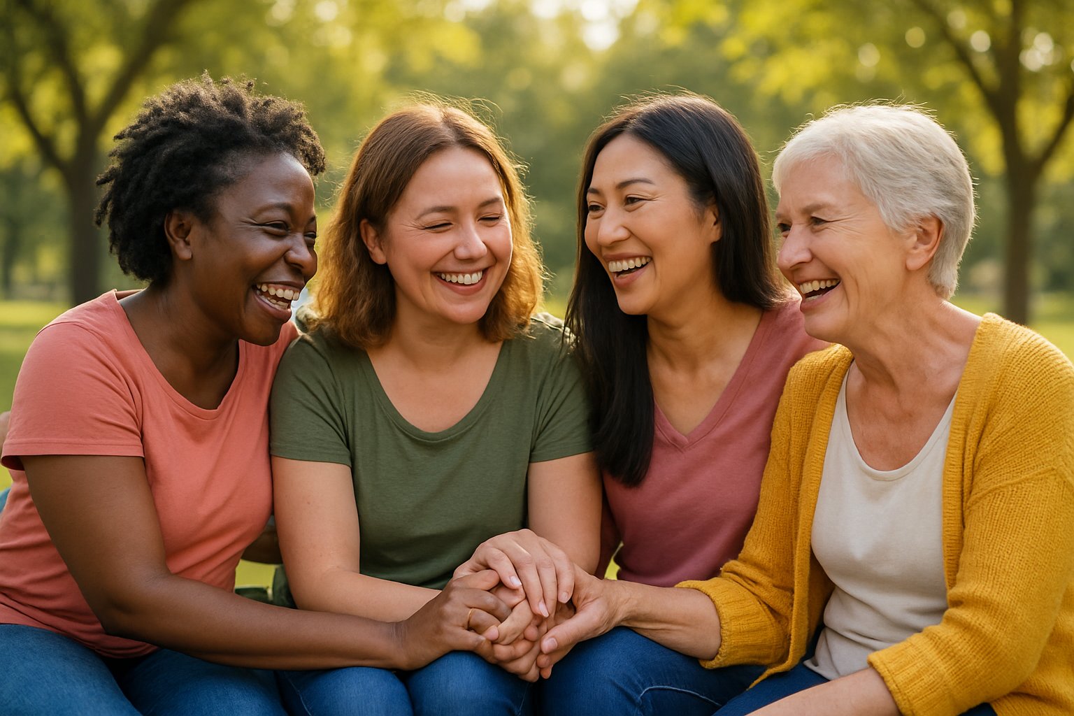 Four women sitting closely on a park bench, smiling and enjoying each other's company outdoors.