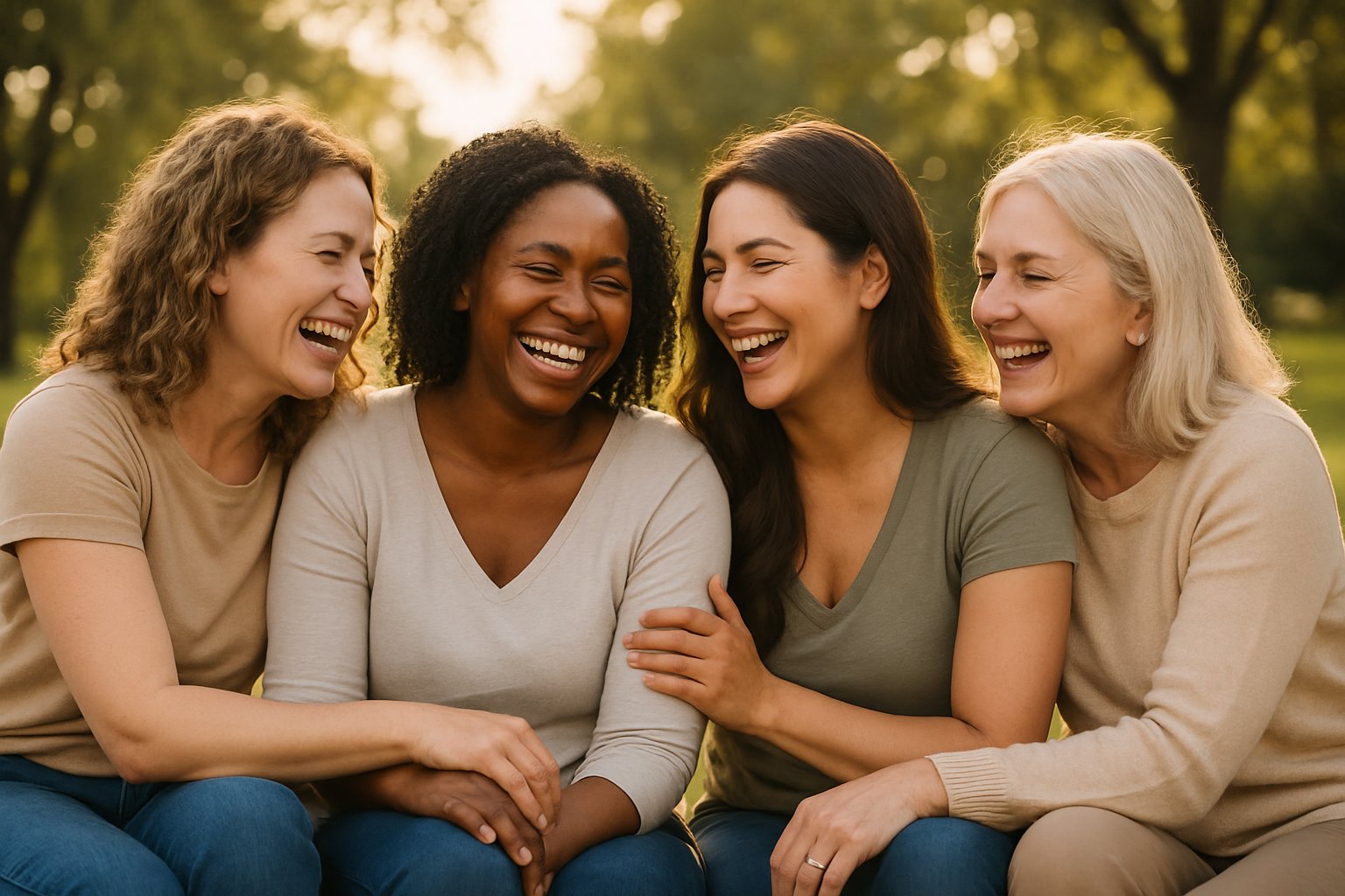 Four women sitting closely together outdoors, laughing and enjoying each other's company in a sunlit park.