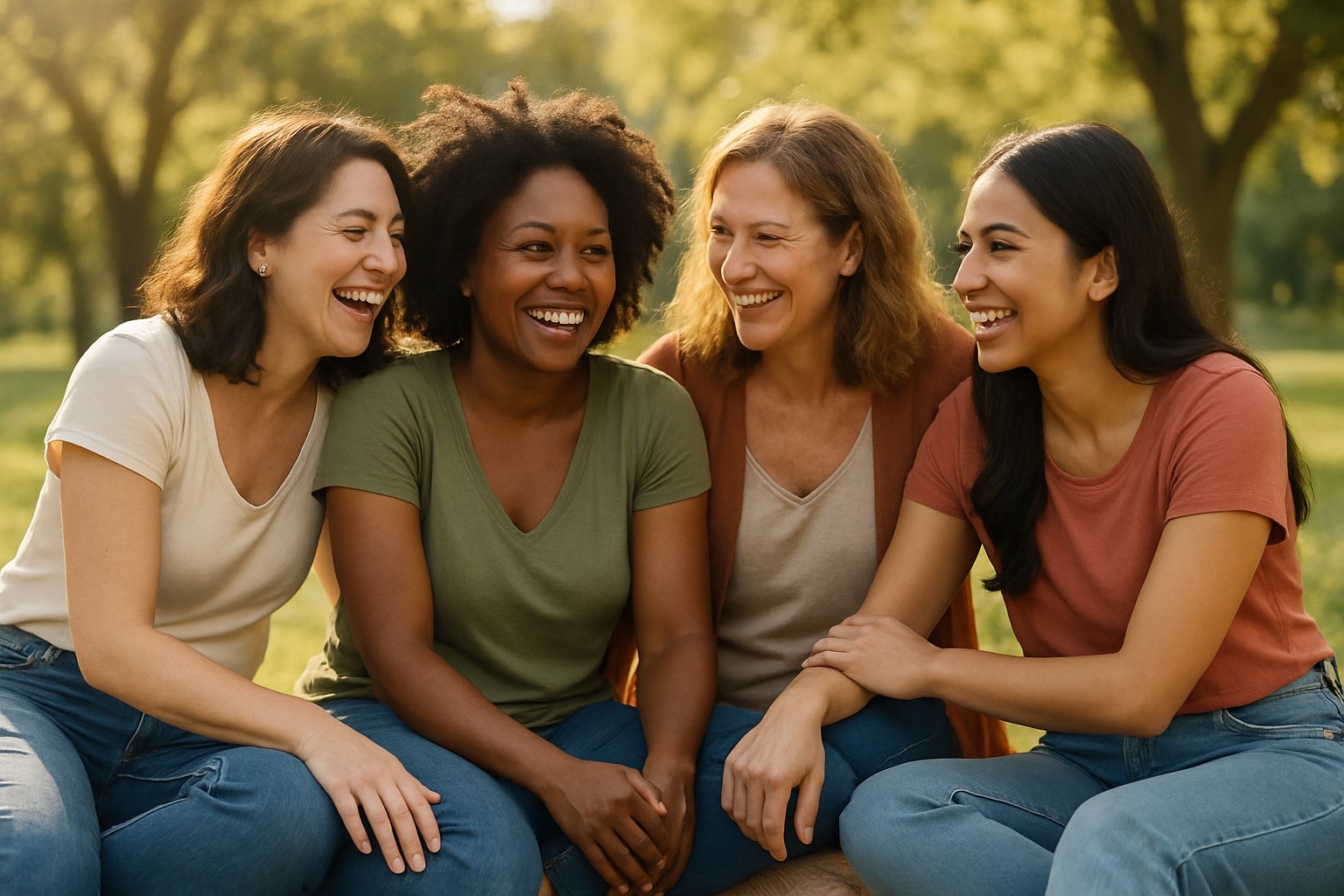 A group of women sitting together outdoors, smiling and enjoying each other's company in a park.