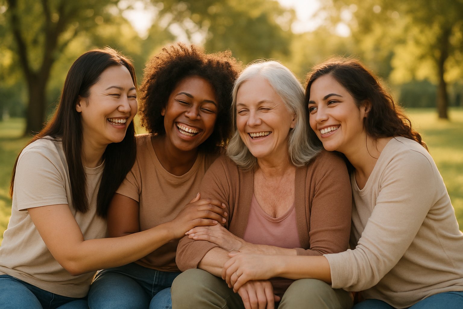 Four women of different backgrounds sitting closely outdoors, smiling and embracing each other in a park.
