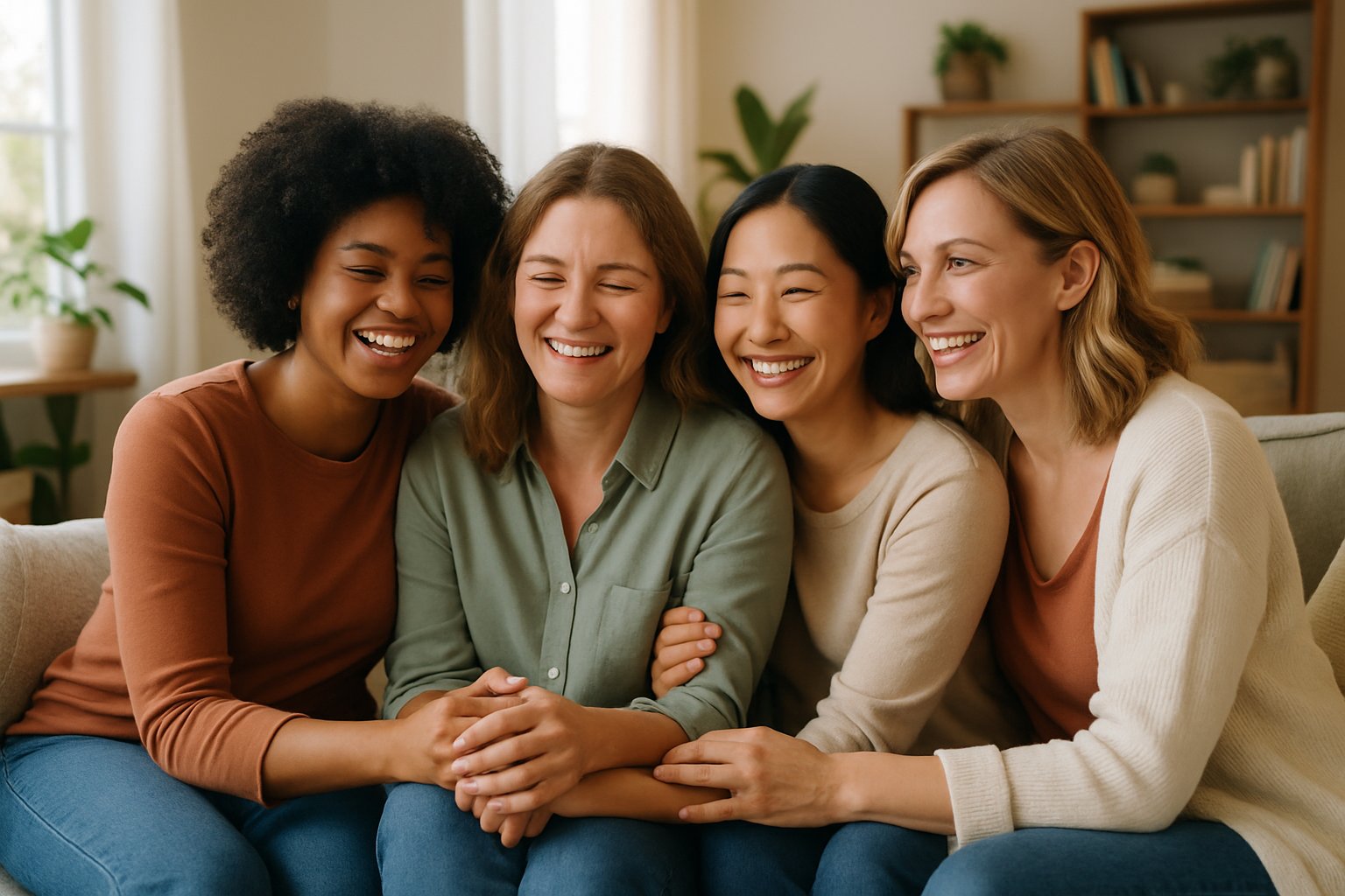 Four diverse women sitting closely together in a living room, smiling and sharing a warm, joyful moment of friendship.