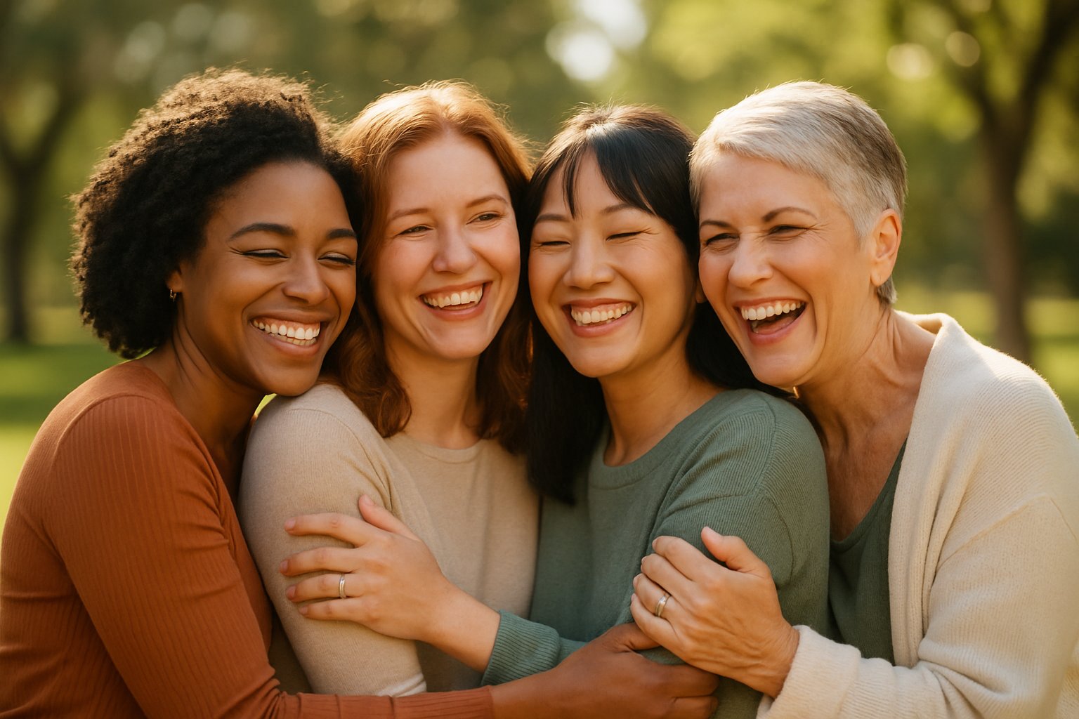 A group of diverse women smiling and embracing each other outdoors, showing close friendship and support.