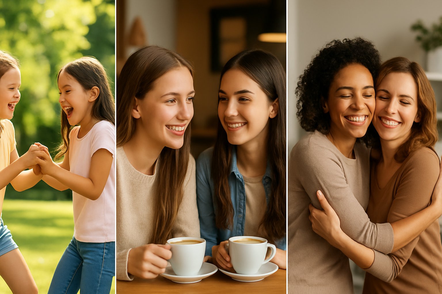 Three scenes side by side showing female friends at different ages: young girls playing outdoors, teenage girls talking in a café, and adult women hugging in a living room.