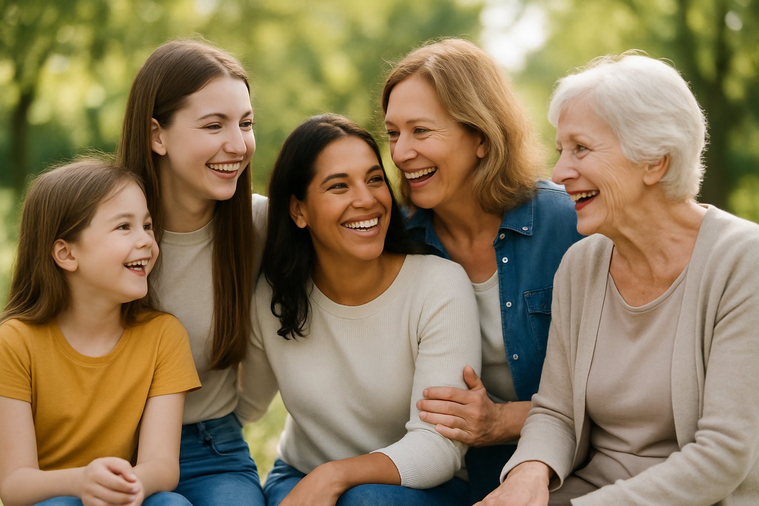 A group of women of different ages smiling and interacting warmly outdoors, showing friendship across life stages.