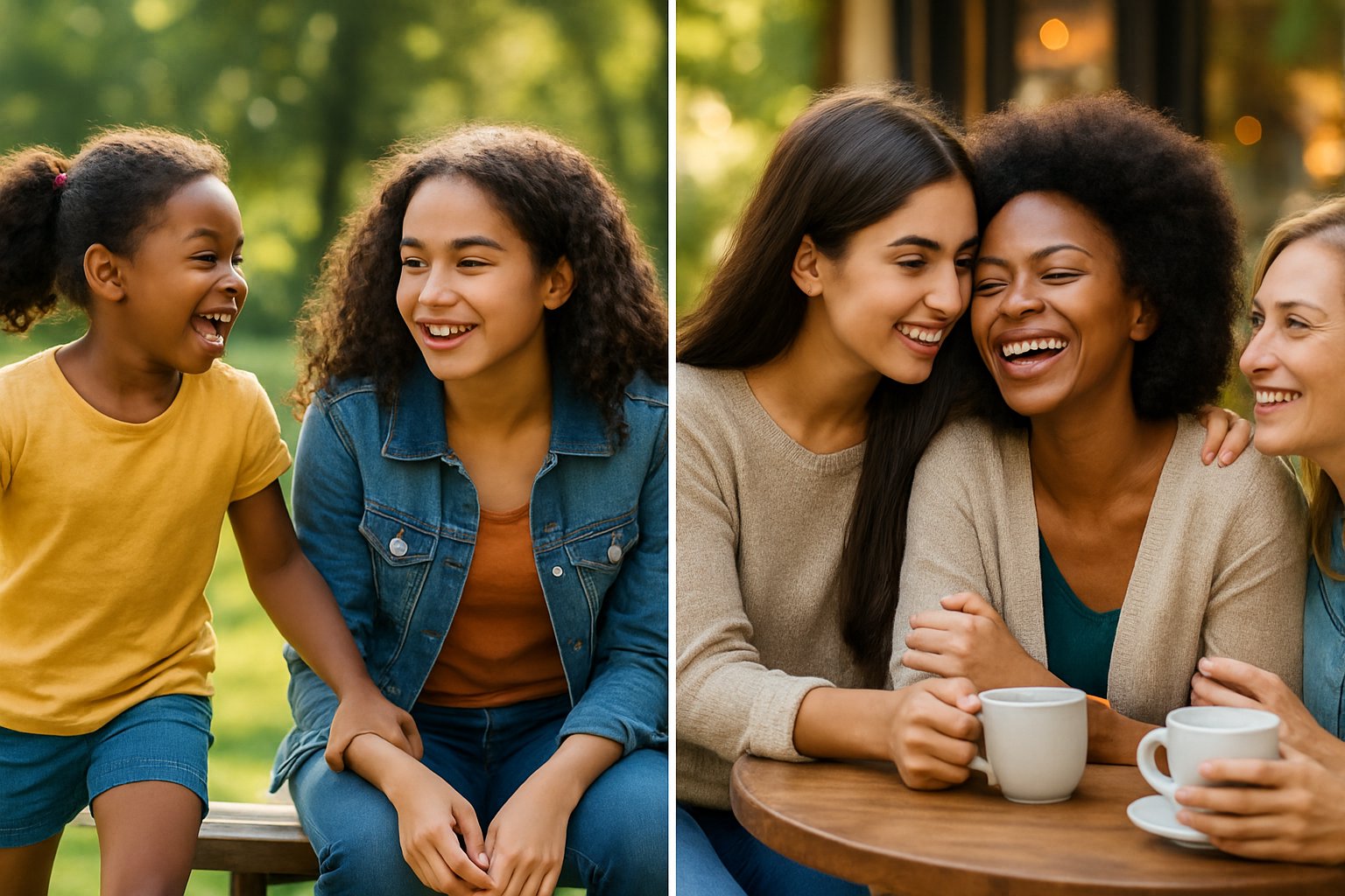 A group of female friends of different ages spending time together outdoors, playing, talking, and embracing.