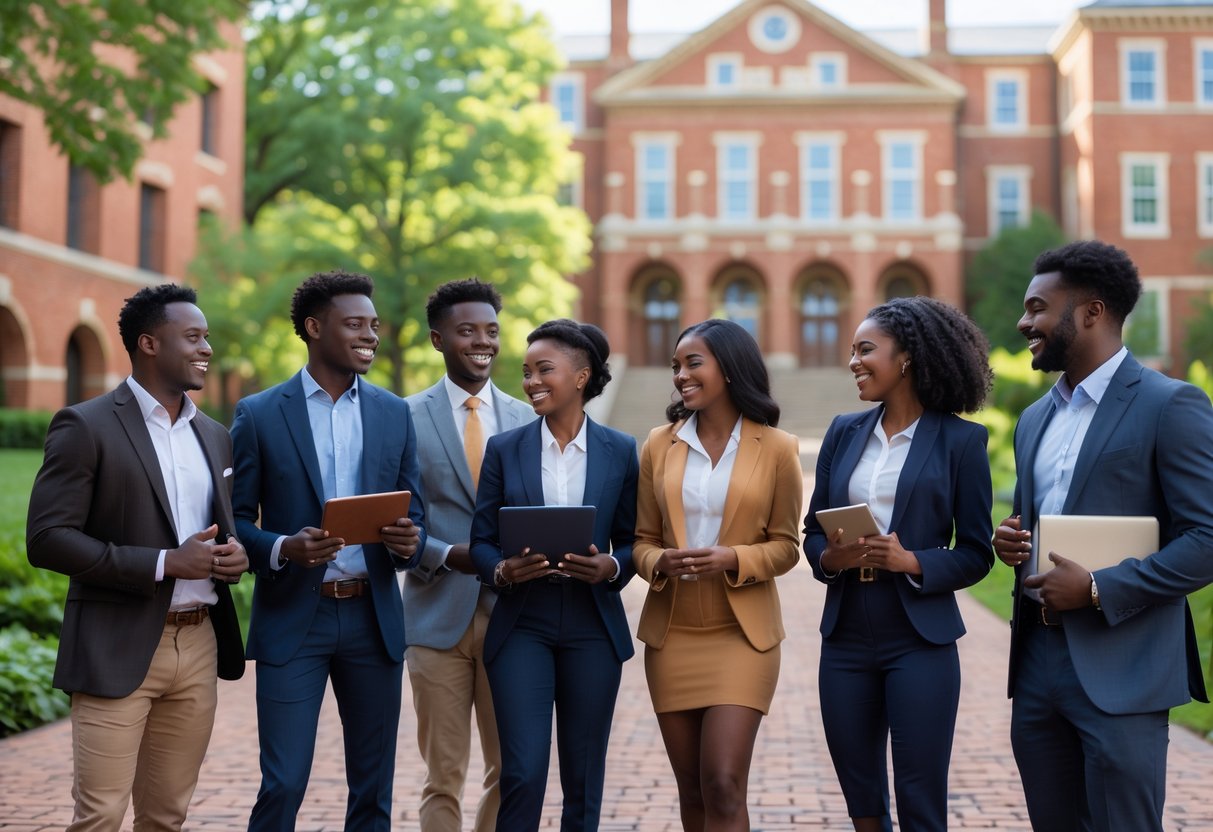 A group of diverse graduate students standing outdoors on a university campus, smiling and talking with red brick buildings and trees in the background.