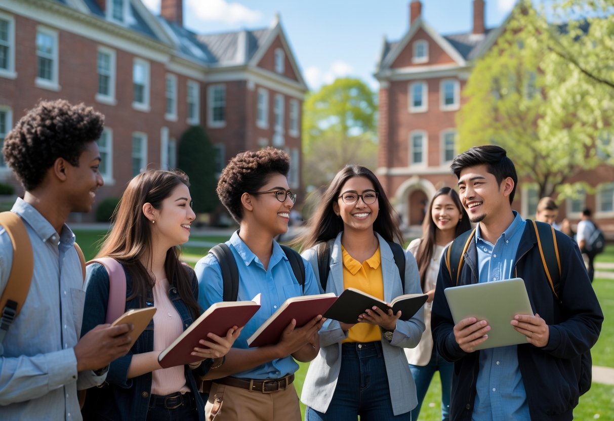 A diverse group of undergraduate students studying and talking together on a university campus with classic buildings and greenery in the background.